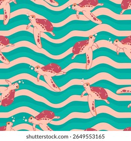 Vector seamless pattern with Sea turtle and sea animals.