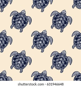 Vector seamless pattern with sea turtle. Background for printing brochure, poster, textile design, card, web, magazines, wallpapers. Hand drawn illustration.