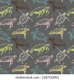 Vector seamless pattern with sea turtles on a dark background. 