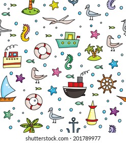 Vector seamless pattern with sea weekends elements a white background. Seamless pattern for wrapping, textile.