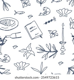 Vector seamless pattern with seafood and cocktails sketch. Abstract background with sea food specialties, shrimp, candles. design for restaurant or cafe menu with drawn doodle vintage elements.