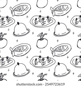 Vector seamless pattern with seafood and cocktails sketch. Abstract background with sea food specialties. Creative design for restaurant or cafe menu with drawn doodle vintage elements.