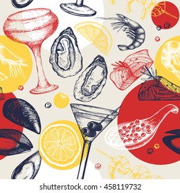 Vector seamless pattern with seafood and cocktails sketch. Abstract background with food  specialties and drinks. Creative design for restaurant or cafe menu with vintage elements.