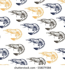 Vector seamless pattern of seafood. Colored shrimps. Hand drawn engraved icons. Delicious food menu objects. Use for restaurant, promotion, market store banner