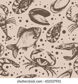 vector seamless pattern with seafood. Hand drawing sketches of fish, lobster, oysters, mussels, crab, squid, shrimp