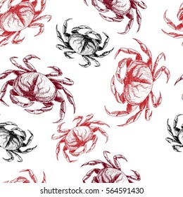 Vector seamless pattern of seafood. Isolated crab. Hand drawn engraved icons. Delicious food menu objects. Use for restaurant, promotion, market store banner