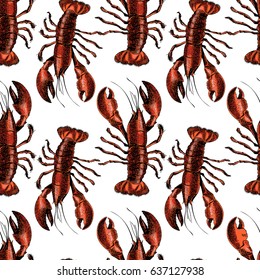 VEctor seamless pattern of seafood. Isolated lobster. Hand drawn engraved icons. Delicious food menu objects. Use for restaurant, promotion, market, store, banner