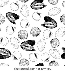 Vector seamless pattern of seafood. Mussels and clams. Hand drawn engraved icons. Delicious food menu objects. Use for restaurant, promotion, market store banner