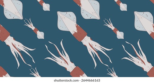 Vetor padrão sem emenda de frutos do mar. Lulas. Ícones gravados desenhados à mão. Deliciosos objetos do menu de comida. Use para restaurante, promoção, banner de loja de mercado, têxtil e impressão.