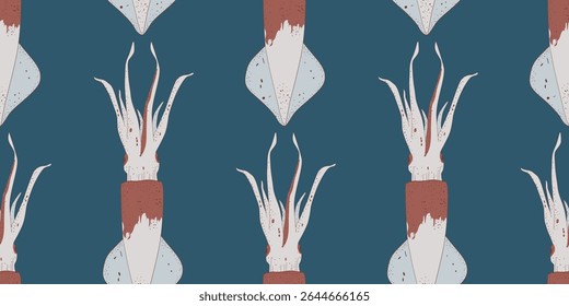 Vector seamless pattern of seafood. Squids. Hand drawn engraved icons. Delicious food menu objects. Use for restaurant, promotion, market store banner, textile and printing.