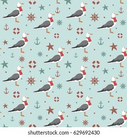 Vector seamless pattern with seagull, anchor, lifebuoy, starfish, wheel.Stylish background for fabric, textile, kitchen design or other surfaces