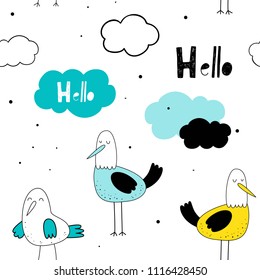 Vector seamless pattern with seagulls. Baby print. Scandinavian motives
