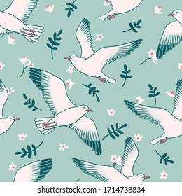 Vector seamless pattern with seagulls, flowers and leaves