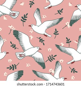 Vector seamless pattern with seagulls, flowers and leaves