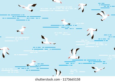 Vector seamless pattern with seagulls flying on blue sky background. Seamless with birds flying. Pattern for fabric, baby clothes, background, textile, wrapping paper and other decoration.
