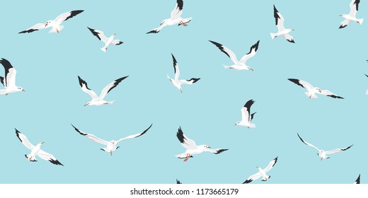 Vector seamless pattern with seagulls flying on blue sky background. Seamless with birds flying. Pattern for fabric, baby clothes, background, textile, wrapping paper and other decoration.