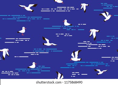 Vector seamless pattern with seagulls flying on blue sky background. Seamless with birds flying. Pattern for fabric, baby clothes, background, textile, wrapping paper and other decoration.