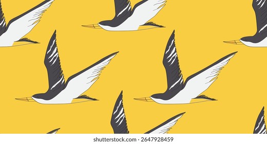 Vector seamless pattern with seagulls flying on yellow sky background. Seamless with birds flying. Pattern for fabric, baby clothes, background, textile, wrapping paper and other decoration.