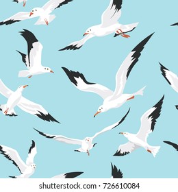 Vector seamless pattern with seagulls flying on blue sky background. Seamless with birds flying. Pattern for fabric, baby clothes, background, textile, wrapping paper and other decoration.