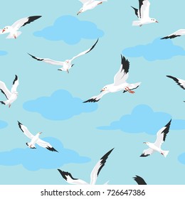 Vector seamless pattern with seagulls flying on blue background. Seamless with birds flying. Pattern for fabric, baby clothes, background, textile, wrapping paper and other decoration.