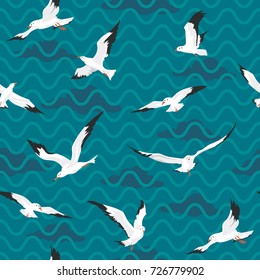 Vector seamless pattern with seagulls flying on blue sky background. Seamless with birds flying. Pattern for fabric, baby clothes, background, textile, wrapping paper and other decoration.