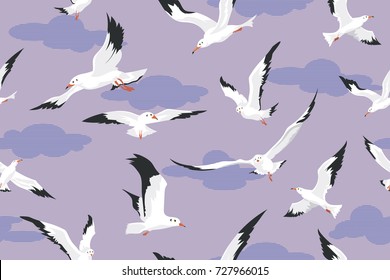 Vector seamless pattern with seagulls flying on purple sky background. Seamless with birds flying. Pattern for fabric, baby clothes, background, textile, wrapping paper and other decoration.