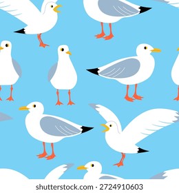 Patrón sin fisuras de Vector con gaviotas sobre un fondo azul