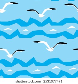 Vector seamless pattern with seagulls soaring over the sea