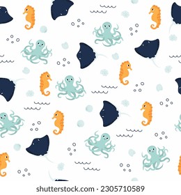 Vector seamless pattern with seahorse, octopus, devilfish.Underwater cartoon creatures.Marine background.Cute ocean pattern for fabric, childrens clothing,textiles,wrapping paper