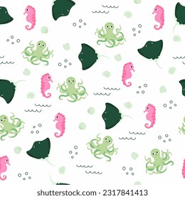Vektornahtloses Muster mit Seepferdchen, Tintenfischen, Dörfchen.Kreaturen mit Unterwasserkartoons.Meereshintergrund.Cute-Ozeanmuster für Gewebe, Kinderbekleidung, Textilien, Packpapier