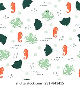 Vector seamless pattern with seahorse, octopus, devilfish.Underwater cartoon creatures.Marine background.Cute ocean pattern for fabric, childrens clothing,textiles,wrapping paper