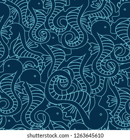 Vector seamless pattern with seahorse on navy blue background. Hippocampus background