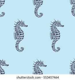 vector seamless pattern with seahorse. Retro illustration