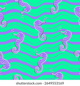 Vector seamless pattern with seahorse and sea animals.