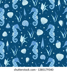 Vector seamless pattern of seahorse and seashell.