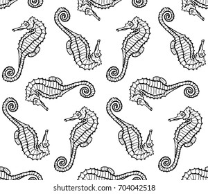 Vector seamless pattern from seahorse silhouette. Hippocampus illustration