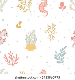 Vector seamless pattern with seahorses on a white background