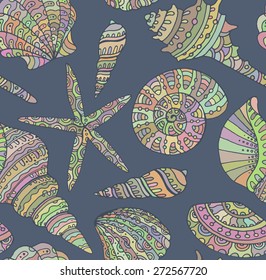 Vector seamless pattern with seashells. Beautiful tropical background design. 