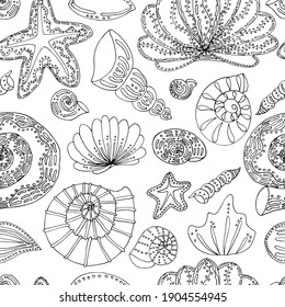 vector seamless pattern seashells black and white