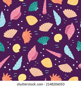 Vector seamless pattern with seashells in cartoon style.