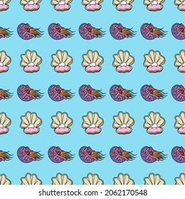 Vector seamless pattern with seashells seamless pattern. Creative design with pearl in the shell on the color background. Vector illustration.Textile pattern, print pattern. Color seashells 