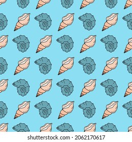 Vector seamless pattern with seashells seamless pattern. Creative design with pearl in the shell on the color background. Vector illustration.Textile pattern, print pattern. Color seashells 