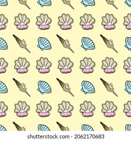 Vector seamless pattern with seashells seamless pattern. Creative design with pearl in the shell on the color background. Vector illustration.Textile pattern, print pattern. Color seashells 