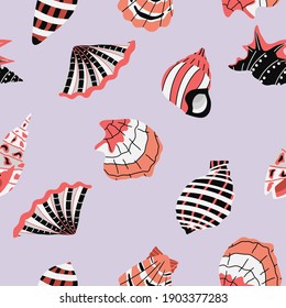 vector seamless pattern - seashells of different types and shapes. Stylish pastel palette. Seafood marine stickers. Beach and ocean recreation concept elements - shells. Contrasting shades.