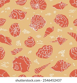 Vector seamless pattern of seashells and marine elements on an orange background in a simple hand-drawn style, perfect for summer and coastal-themed projects.