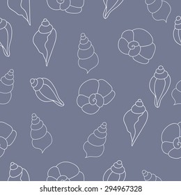 Vector seamless pattern with seashells on the gray background