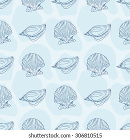 Vector seamless pattern with seashells on blue background