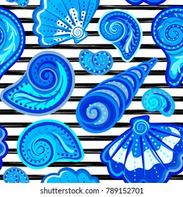 Vector seamless pattern of seashells on striped background. Hand drawn vintage engraved illustration of ocean underwater animals.