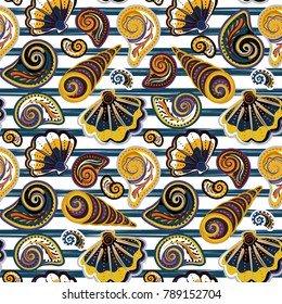 Vector seamless pattern of seashells on striped background. Hand drawn vintage engraved illustration of ocean underwater animals.