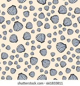Vector seamless pattern with seashells. Sketch decorated elements beige background will be a good summer backdrop for the site, wallpaper or a picture for printing on paper or textiles